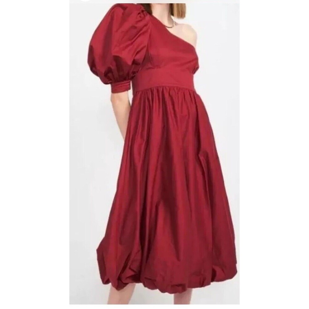 En Saison Cosima Midi Dress Deep Burgundy One Shoulder Puff Sleeve Size Small